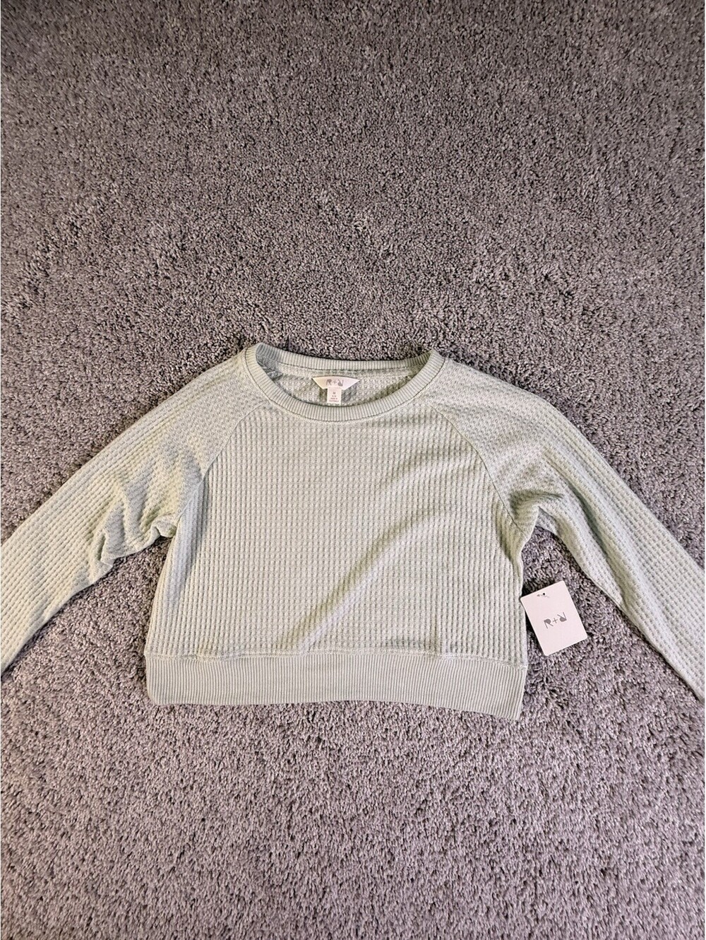 NWT R & R Crop Top Mint Green Waffled Long Sleeve Knit Medium